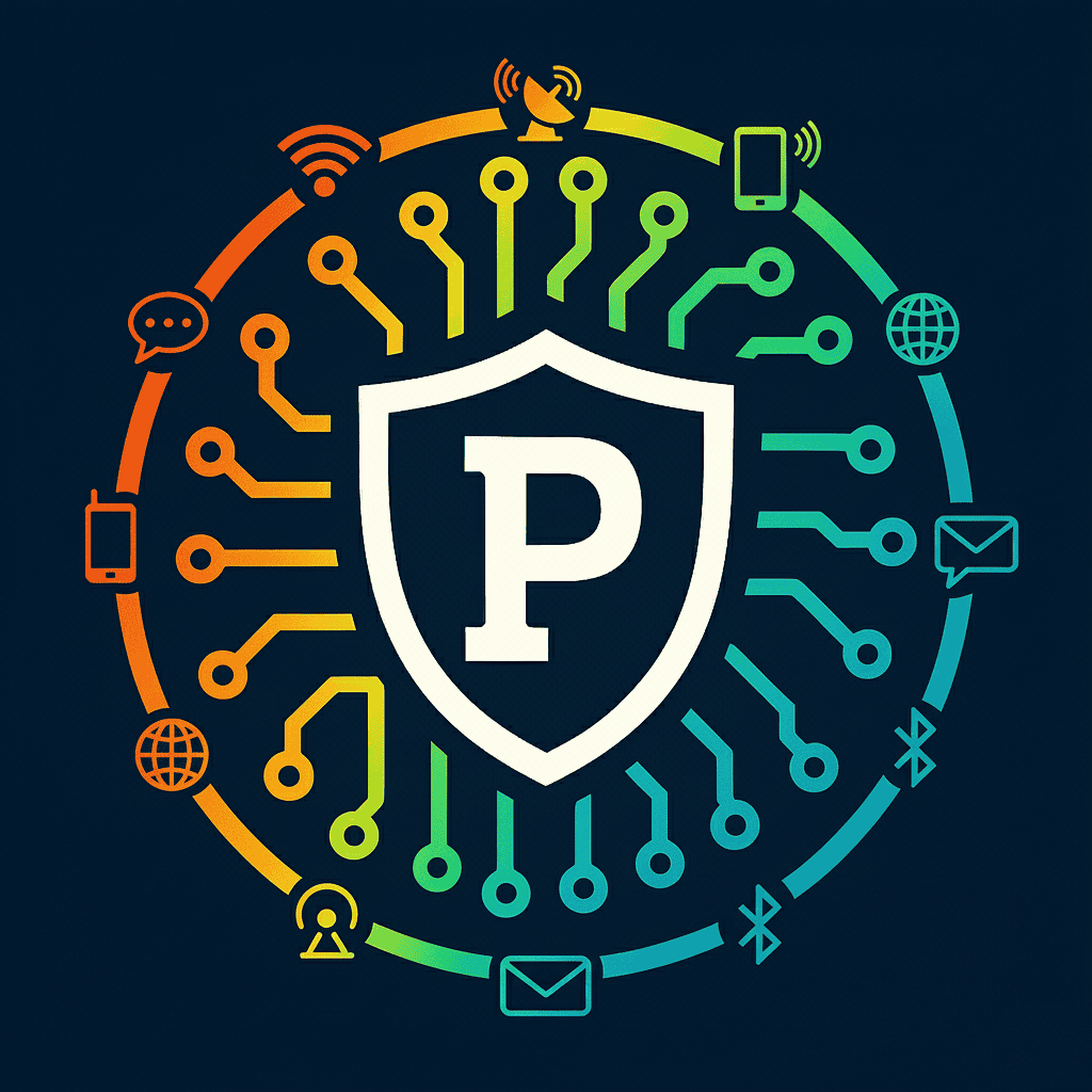 Secure cybersecurity protection illustration with digital icons and shield representing data privacy and online security.