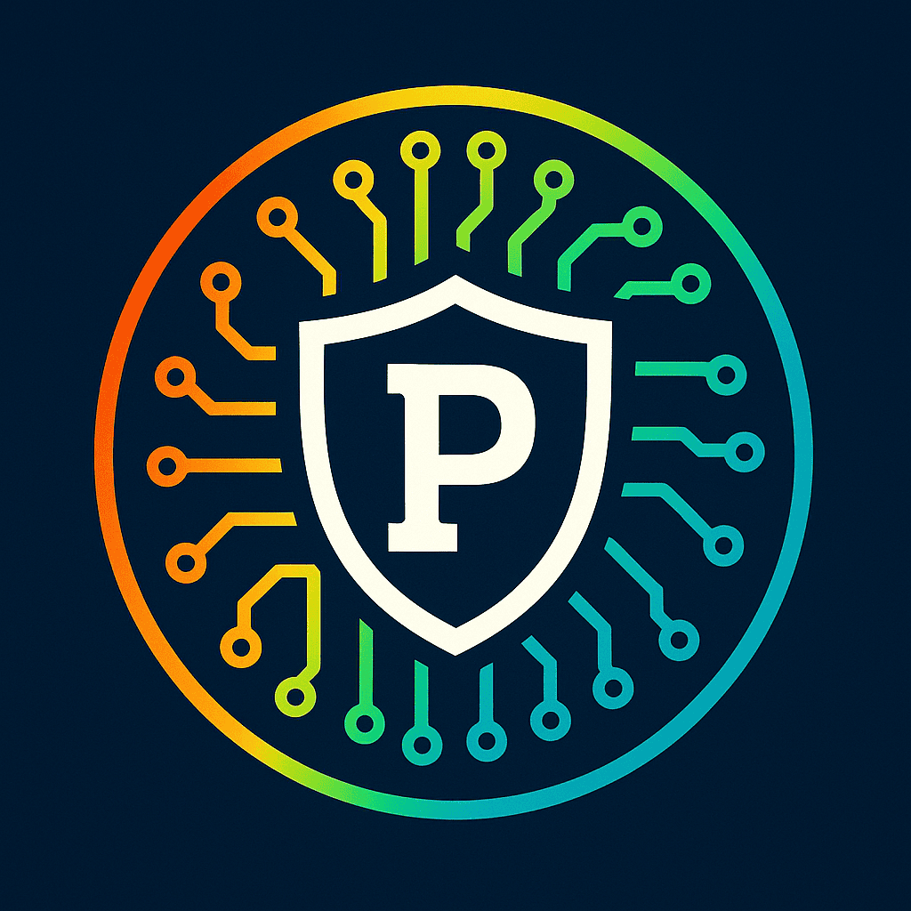 Cybersecurity shield with circuit lines and a 'P' logo representing protection and digital security.